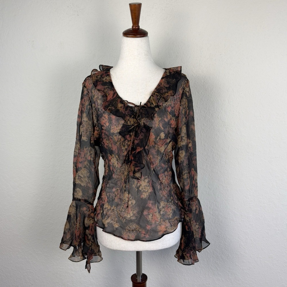 Vintage 100% Silk Blouse Petite M Ruffle Victorian Gothic Fairy Boho Floral Y2K